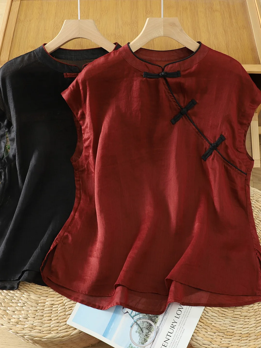 

Retro Cotton Linen Shirt Women's Summer Design Color Collision Age Reduction Fly Sleeve Button Front Loose Fit Fashionable Top