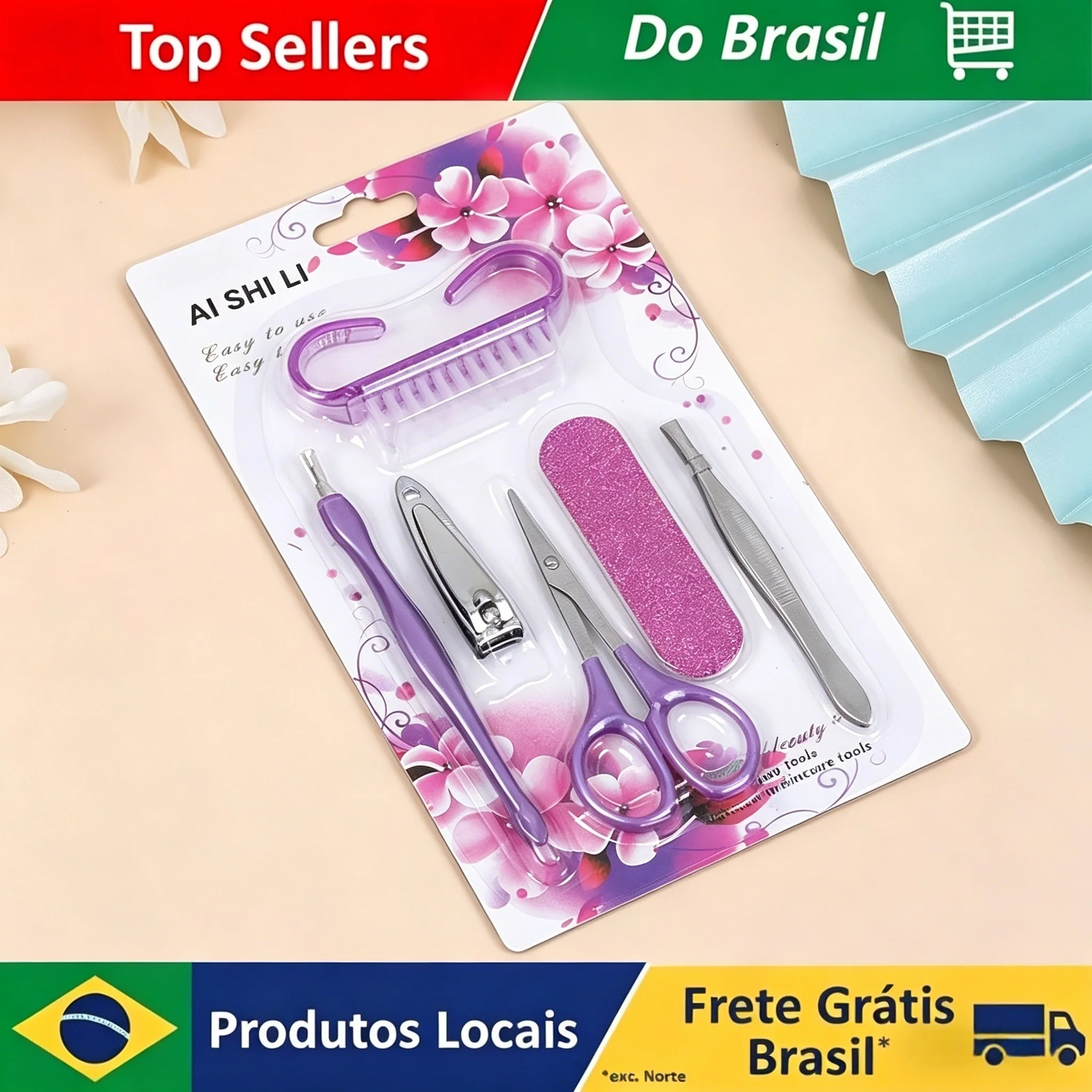 6PCS Mini Nail Art Tool Kit with Polishing Strip Cuticle Pusher Nail Brush Manicure Set for Nail Buffer Block