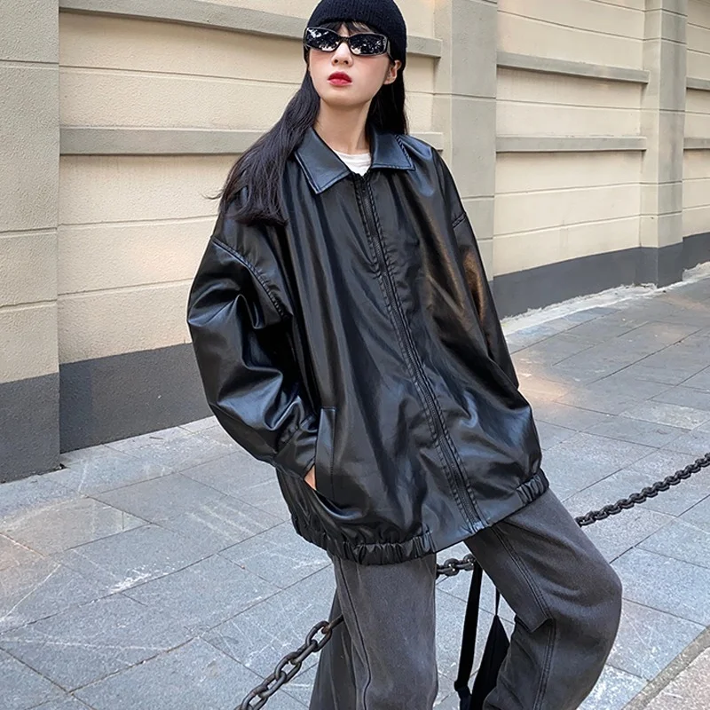 Chaqueta de cuero negro para mujer, Chaqueta larga con cremallera para motociclista, ropa de calle Harajuku Y2K, abrigo suelto para mujer 2021