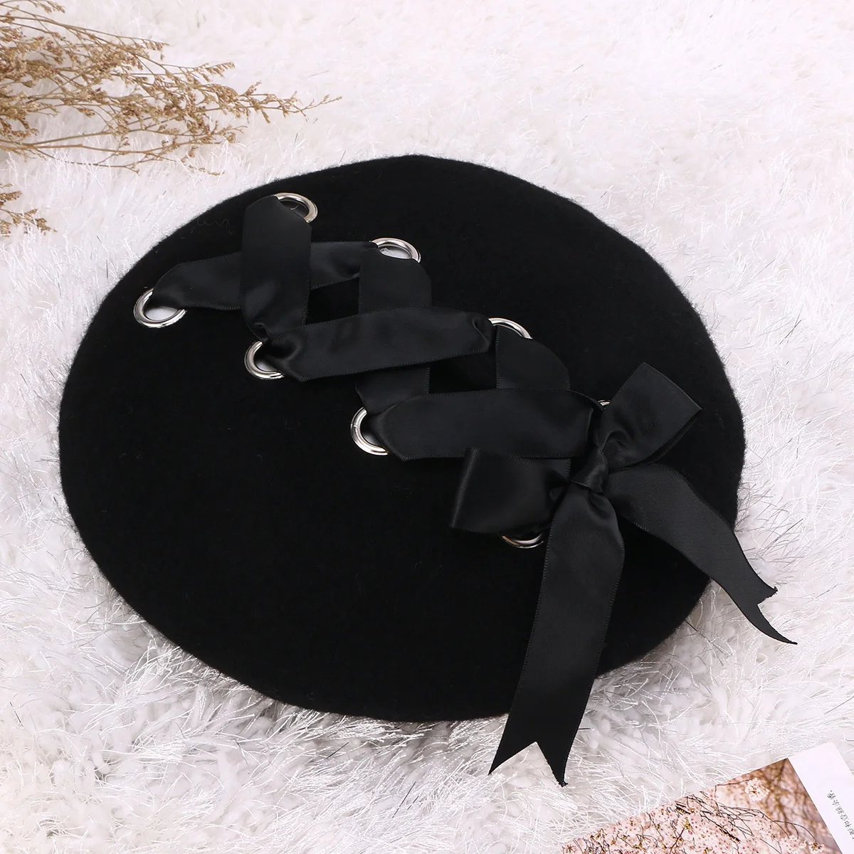 

Women Winter Wool Blends Beret Black Bow Ribbon Strap Adjustable Lightweight Fashion Beret Classic Korean Style Elegant Look