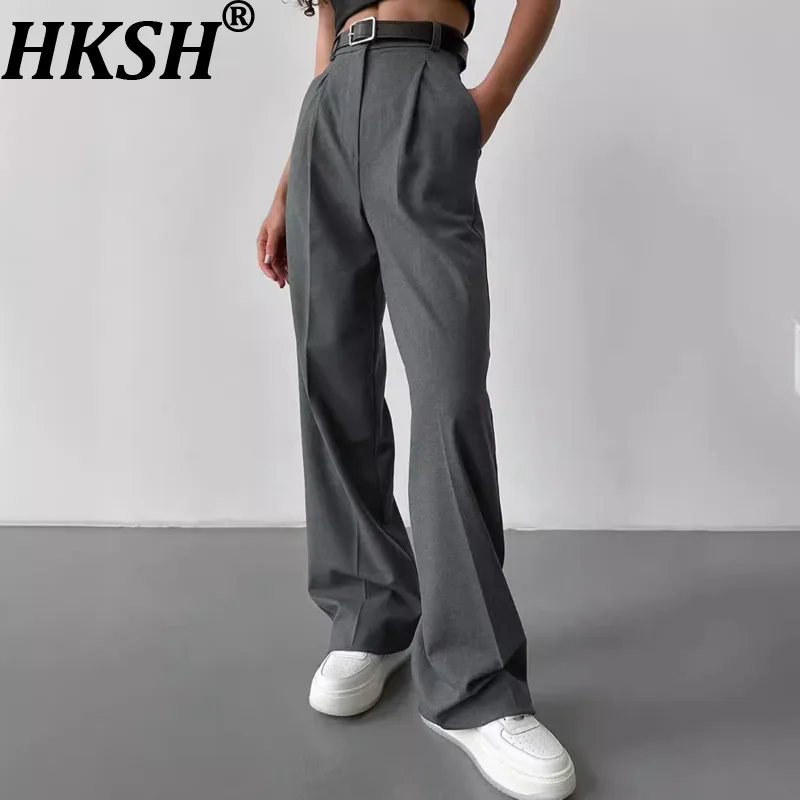 Calça Social Feminina HKSH Cor Sólida Plissada com Bolsos Reta Elegante Estilo Ins para Escritório Versátil Moda Urbana Nova Coleção Primavera 2026 HK19351