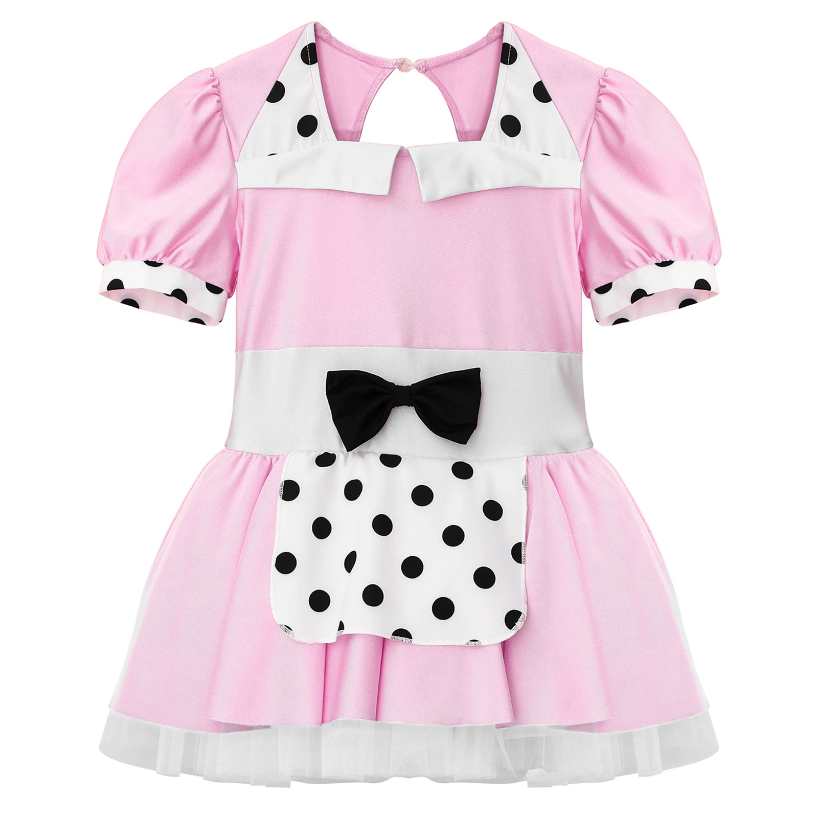 Kids Meisjes Maid Cosplay Jurk Korte Mouwen Stippen Print Strik Decor Mesh Dans Tutu Halloween Party Rollenspel Kostuum