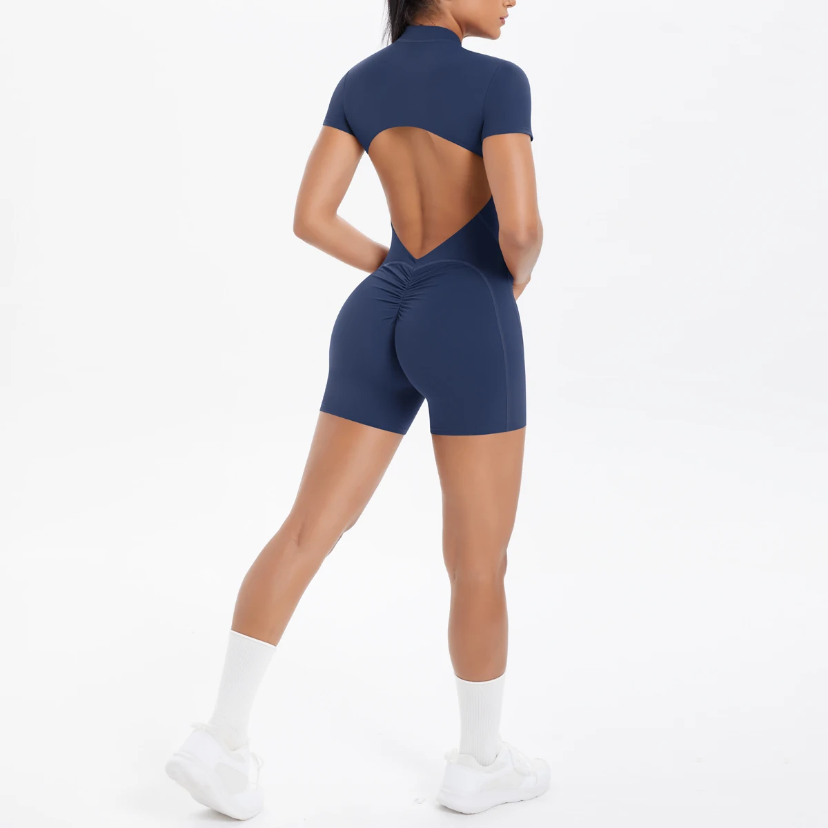 Ausgehöhlter, rückenfreier, kurzärmliger Reißverschluss-Overall für Damen, Overall, Yoga-Anzug, einteilige Legging, kurze Push-Up-Gymnastik-Yoga-Kleidung – Detail 30