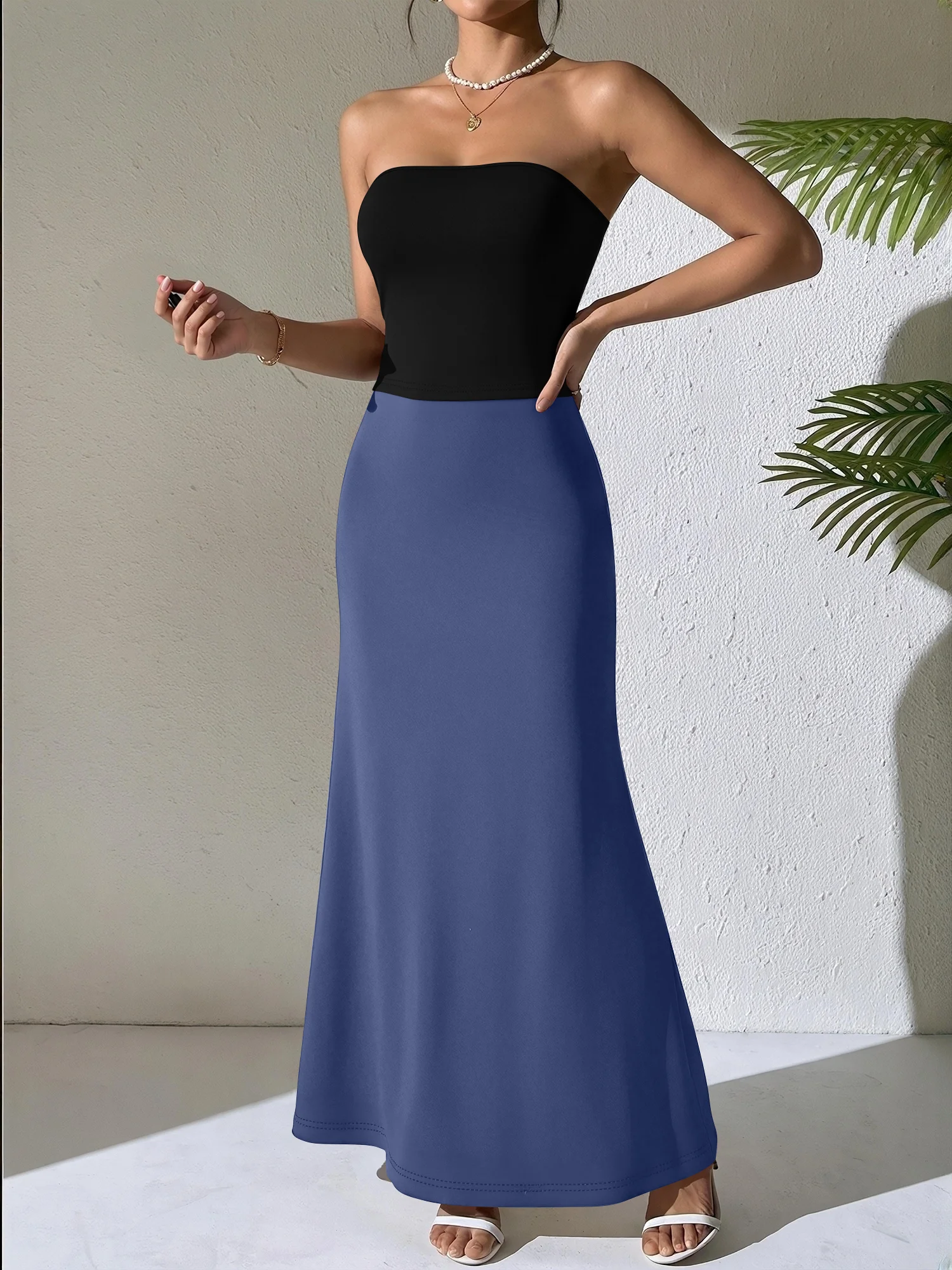 

Французский комплект из топа-бюстье и драпированной юбки-русалки макси для женщин: изысканный облегающий костюм из двух предметов