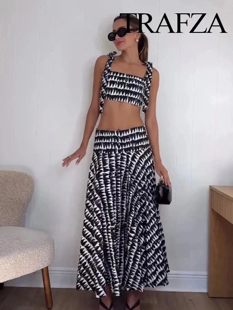 TRAFZA Print Skirts Sets For Women Vintage Cami Cropped Tops Slim Side Zipper Midi Skirt Female Summer High Street Outfit TRAF