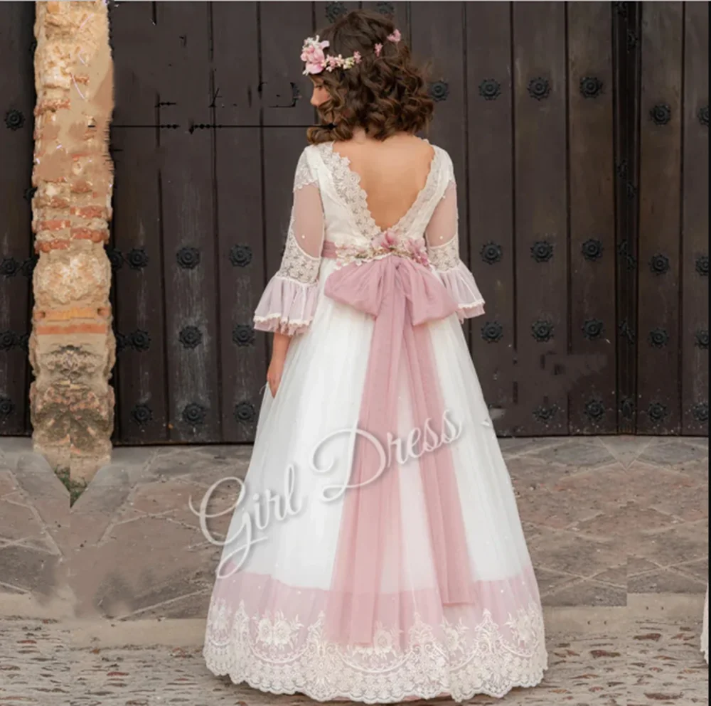 Vestidos elegantes personalizados de flores para niña, vestido de boda sin espalda con lazo, fiesta de cumpleaños de princesa, vestido de baile de primera comunión