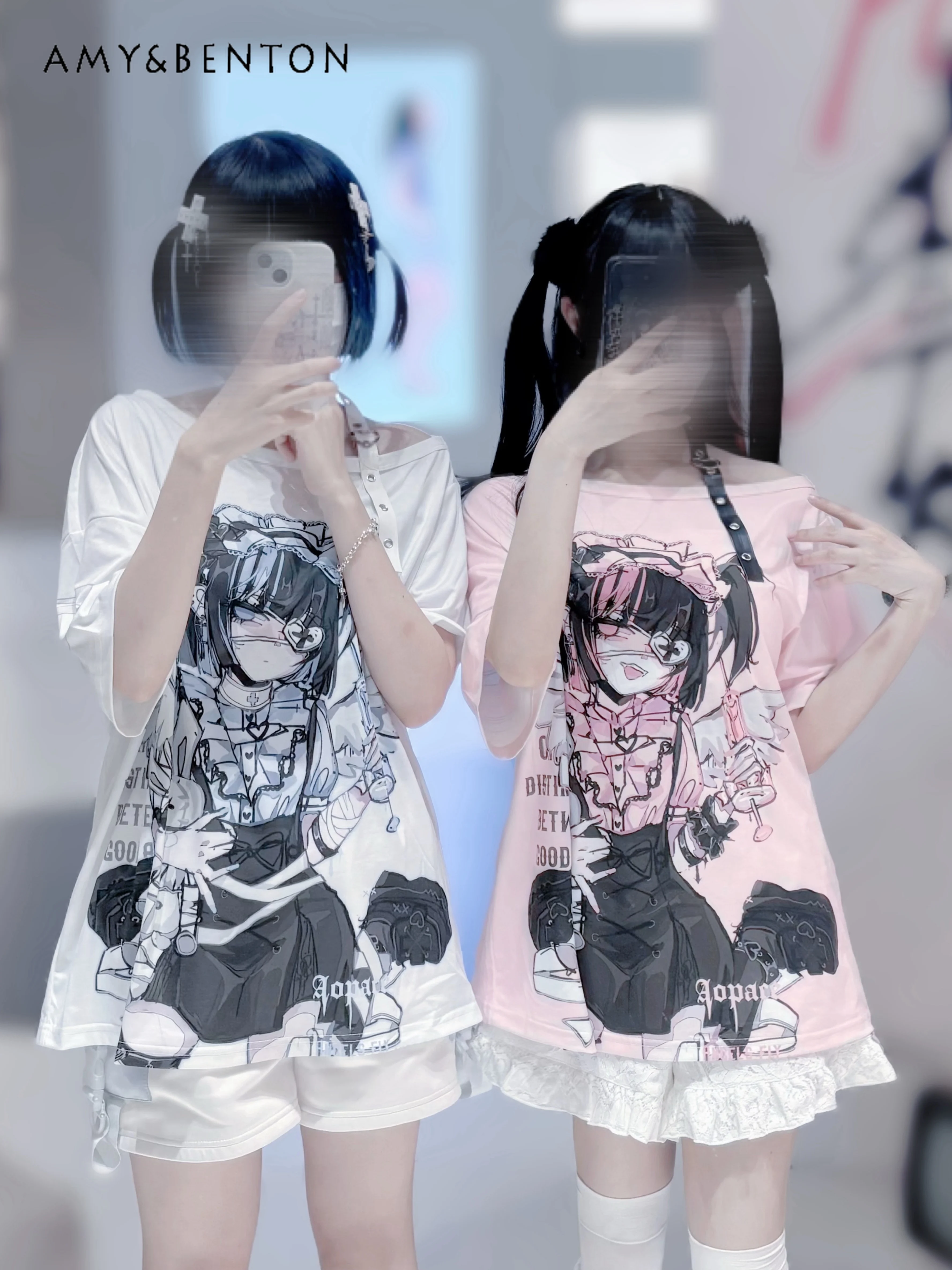 Gothic Two-dimensional Animation Printing Off Shoulder Doll Collar Short-sleeved Y2K Top Subculture Printing Oversized T Shirt