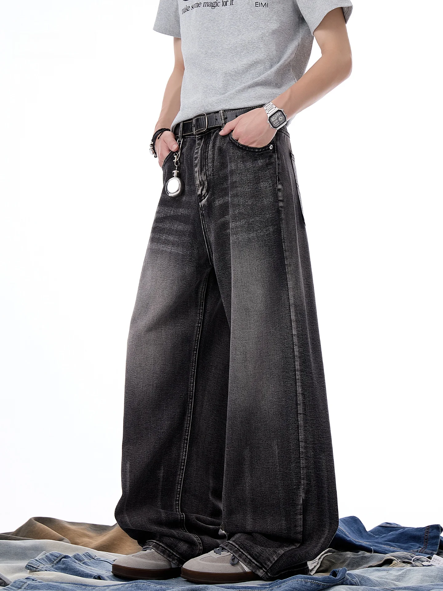 

American Retro Knife Jeans Men Summer Trendy Brand adual Waed Loose Straight Leg Wide Leg Pants Youth Sle