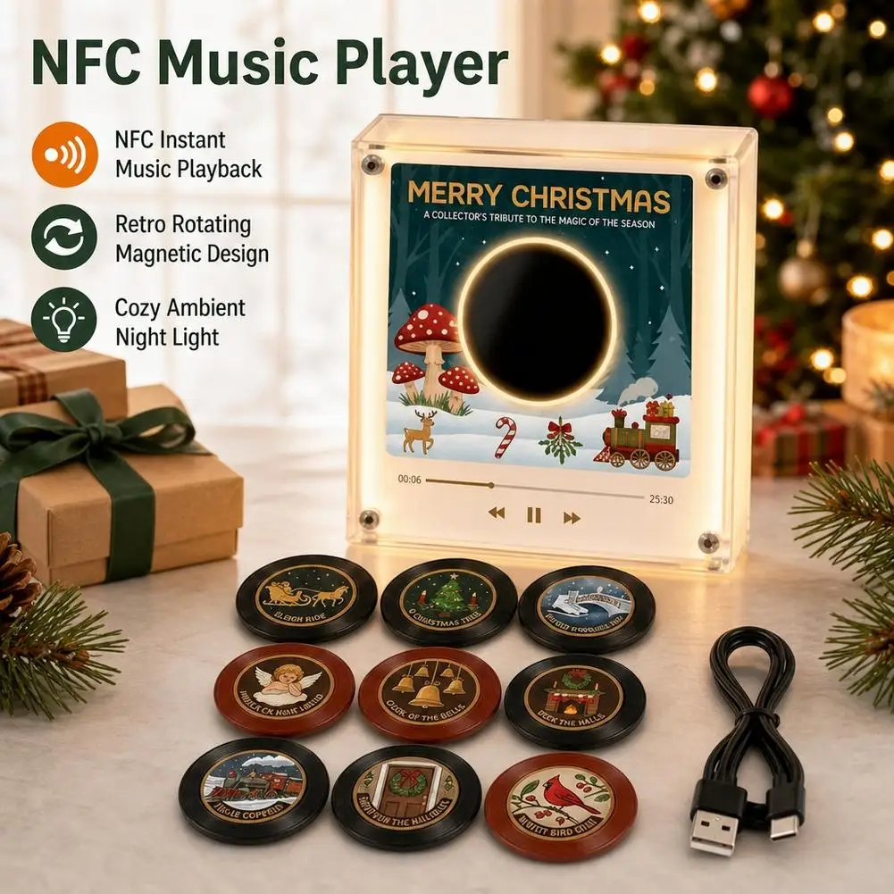 Creative Vinyl Disc Player Fridge Magnet Decor With 9Pcs NFC Rotating Disc Cards NFC Sensing Retro Player With Night Light
