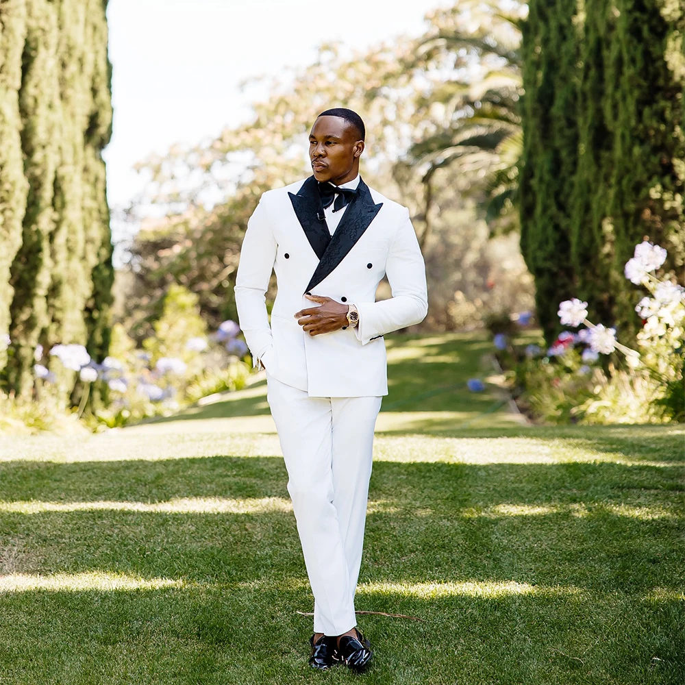 

Luxury 2 Piece Men's Suit Peaked Lapel Double Breasted Groom Wedding Dresses White Prom Suits Slim Fit Customized Blazer Set