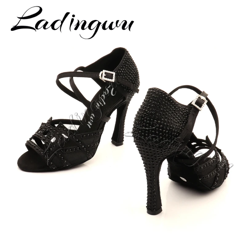 Ladingwu Dance Shoes Latin Women Rhinestone Salsa Shoes Dance Ballroom Party Profession Dance Shoes Women Heels 10cm Satin Black