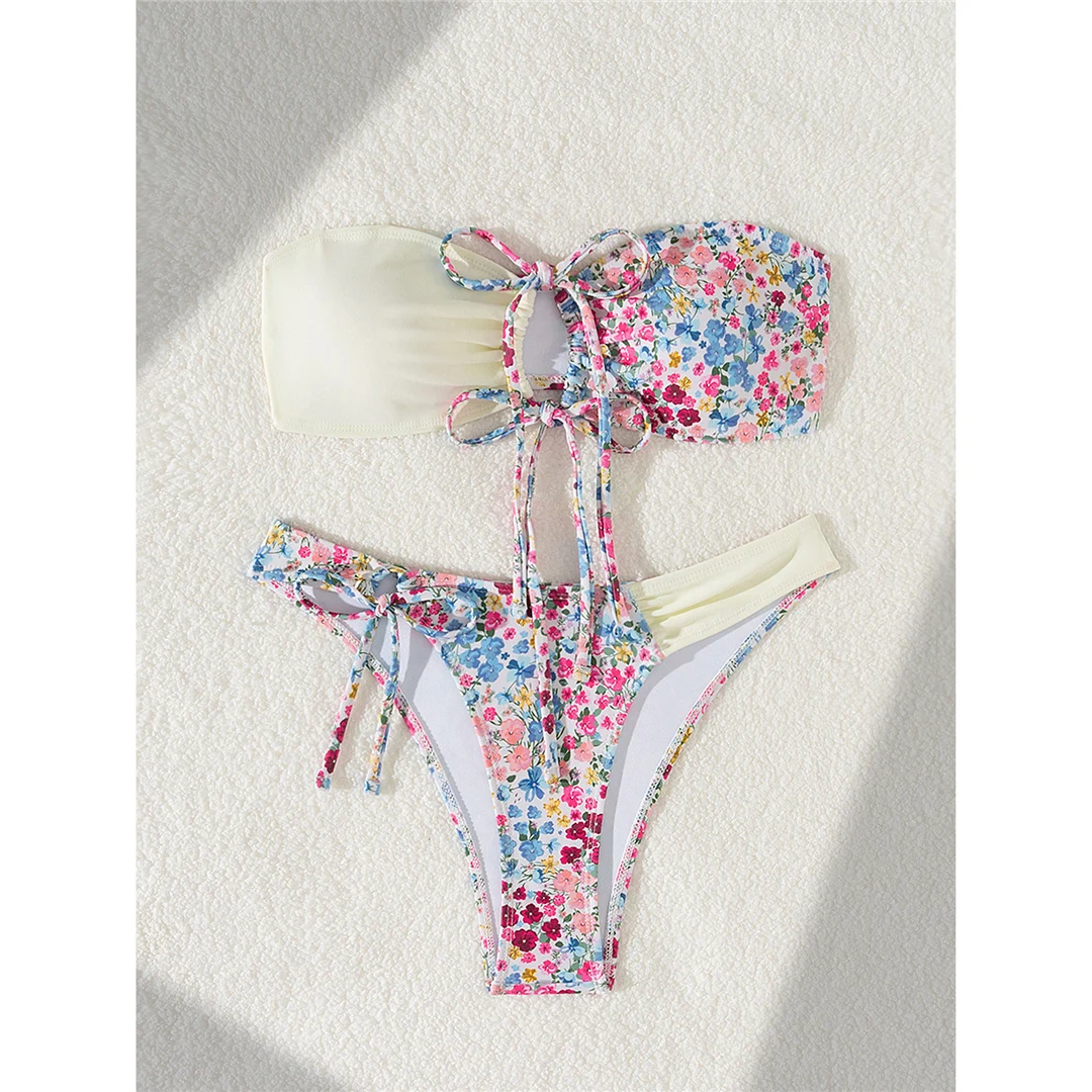 Sexy Blumenmuster-Bandeau-Bikini mit Splicing-Design, Damen-Badebekleidung, zweiteiliger Bikini-Set, Badeanzug, Badebekleidung, Schwimmanzug V6029 – Detail 9