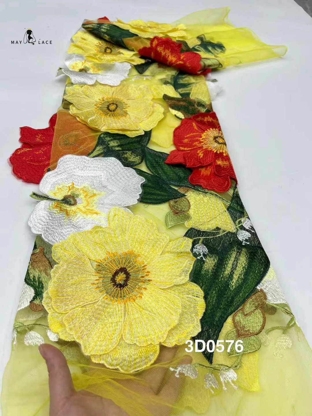 

3D Flowers In Yellow French Lace Fabric 2025 High Quality Lace Net African Lace Fabric 3D Big Flower Lace Fabrics For Wedding