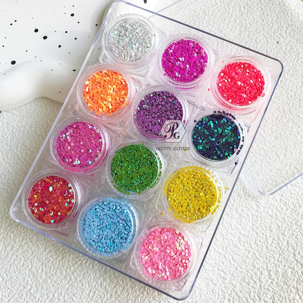 PrettyG 12 Color Set 1mm Love Hearts Opal Glitter Shape Nails Sequins Iridescent Glitter Supplies For DIY Nail Decoration