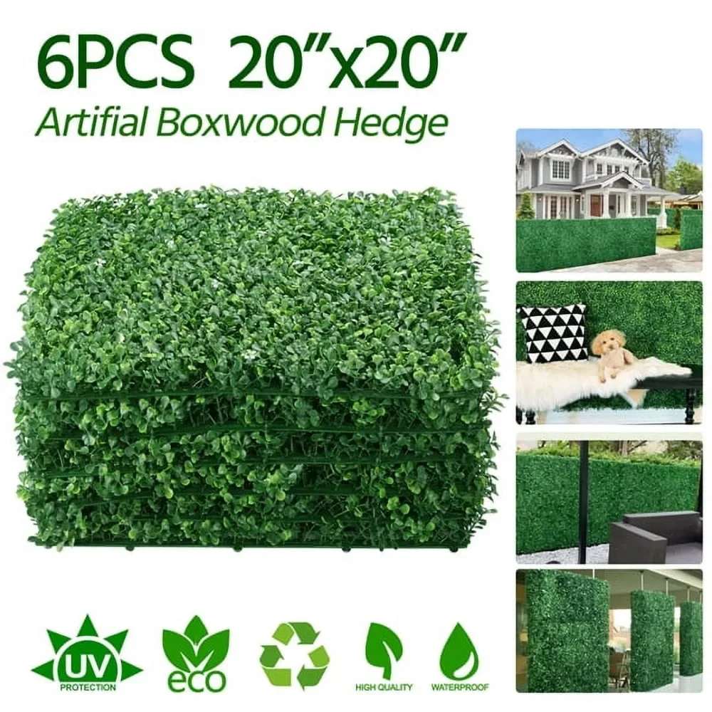 

20" x 20" Artificial Greenery Boxwood Hedge Panel with Little White Flowers for Indoor & Outdoor(6 Pieces)