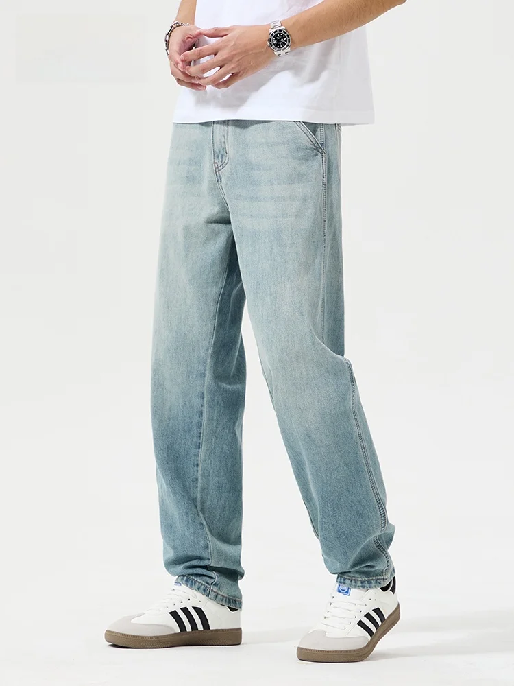 

Мужские летние джинсы JFU свободного кроя, прямые, в американском ретро-стиле, с эффектом драпировки, повседневные, длинные, широкие брюки