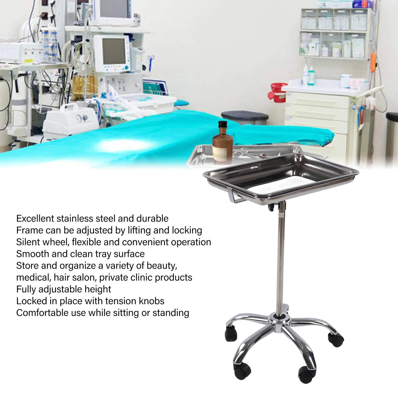 Salon Tray with Wheels Metal Stainless Steel Liftable Moveable for Medical Hairdresser Instrument