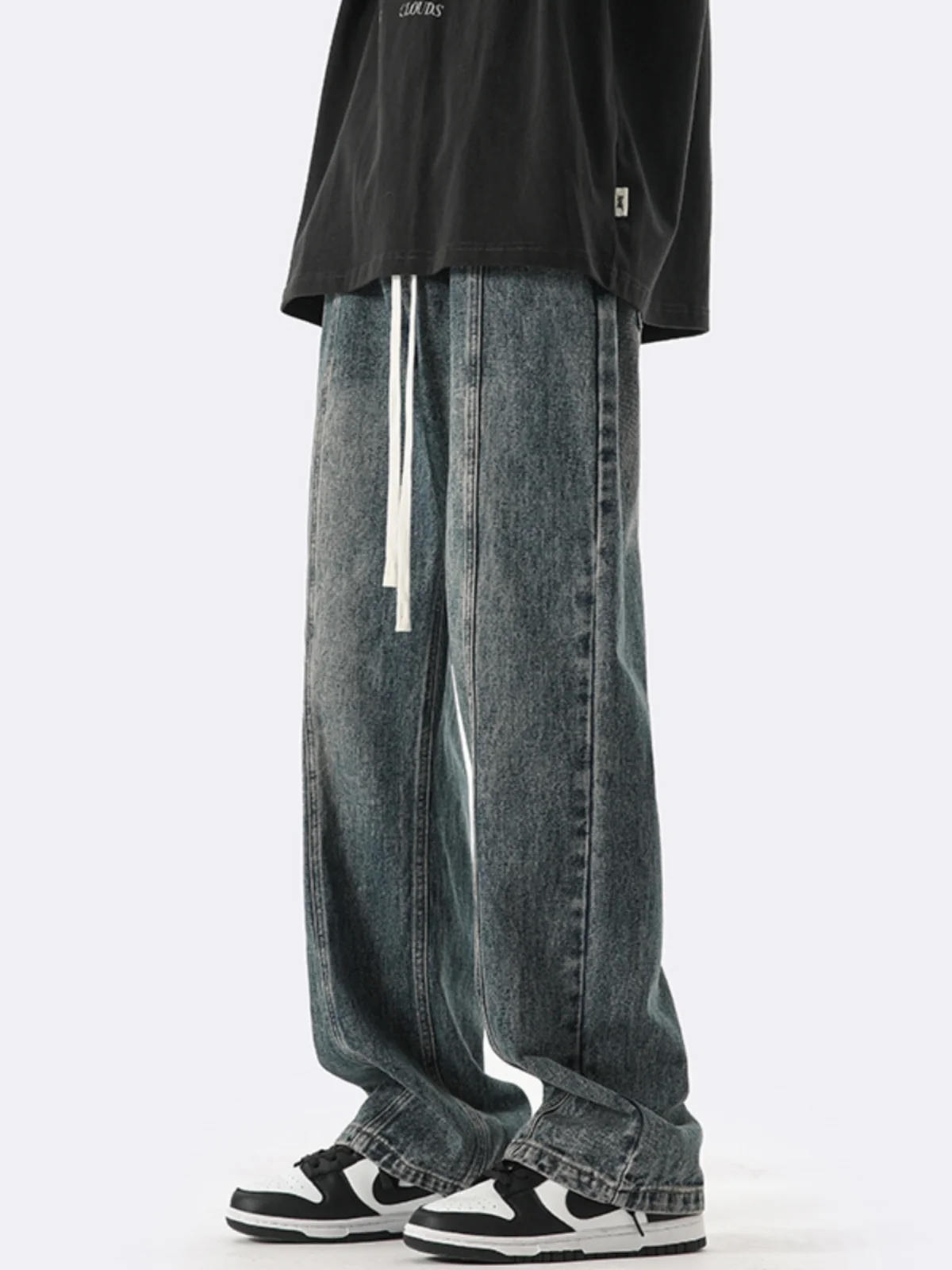 

Retro American Denim Jeans Men's Spring Autumn Loose Wide Leg Long Pants Waed Effect High Street Sle Casual Straight Cut