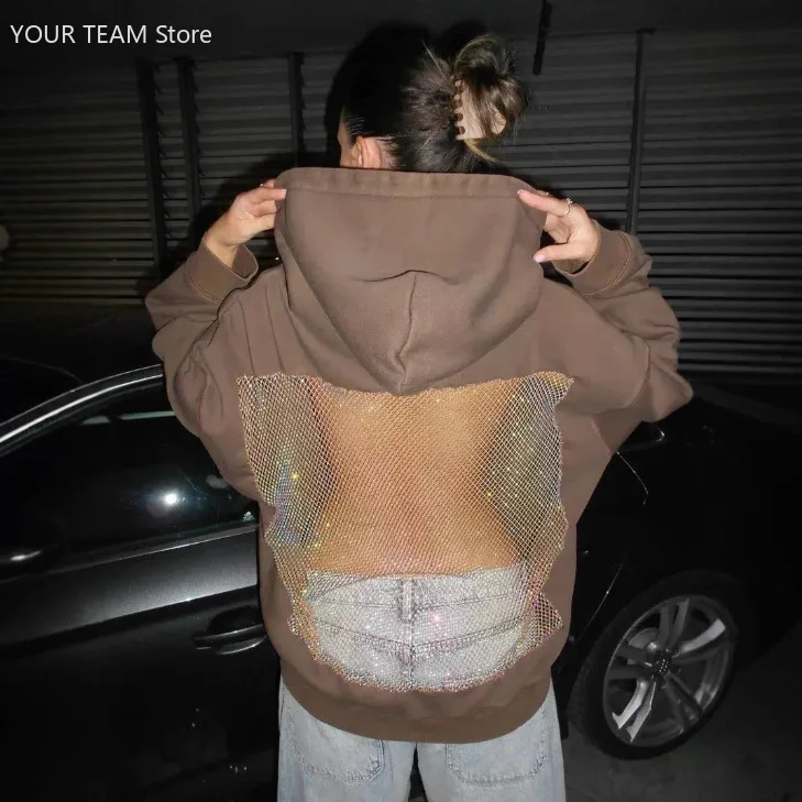 Sweat-shirt à capuche en maille ajourée pour femme, couleur unie, dos nu, à la mode, nouvelle collection automne hiver 2025