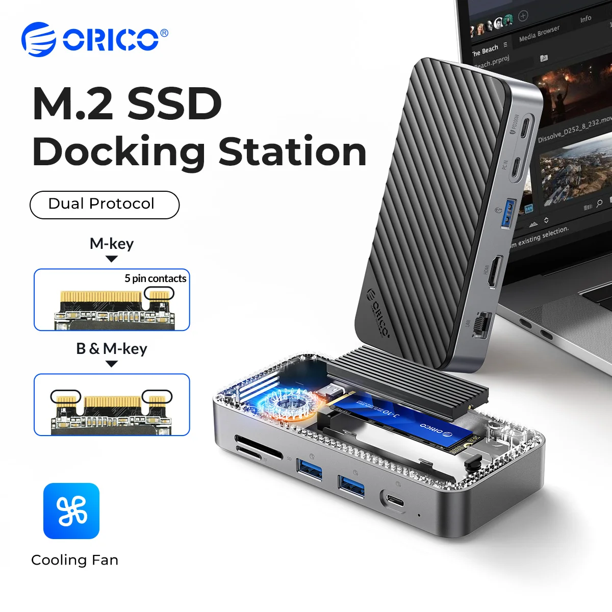 

ORICO M.2 NVMe SATA SSD Enclosure Type-C HUB with Cooling Fan External 10Gbps 4K 60Hz HDMI-Com RJ45 SD/TF Docking Station