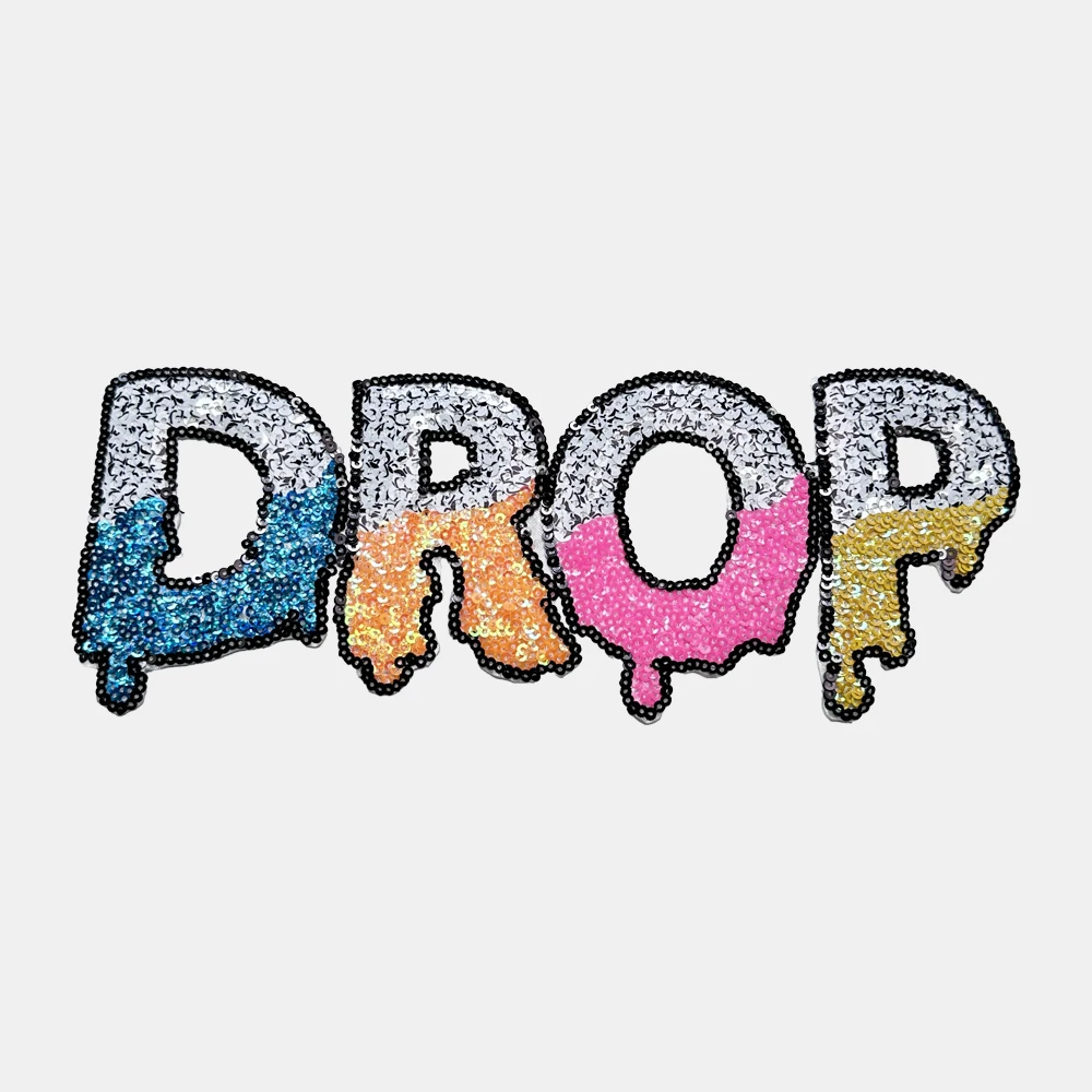 1 Piece 24*9.5 cm Sequined Letter DROP Patch Fashion Shining Iron on Patch for Clothing DIY Decoration Accessories Back Adhesive