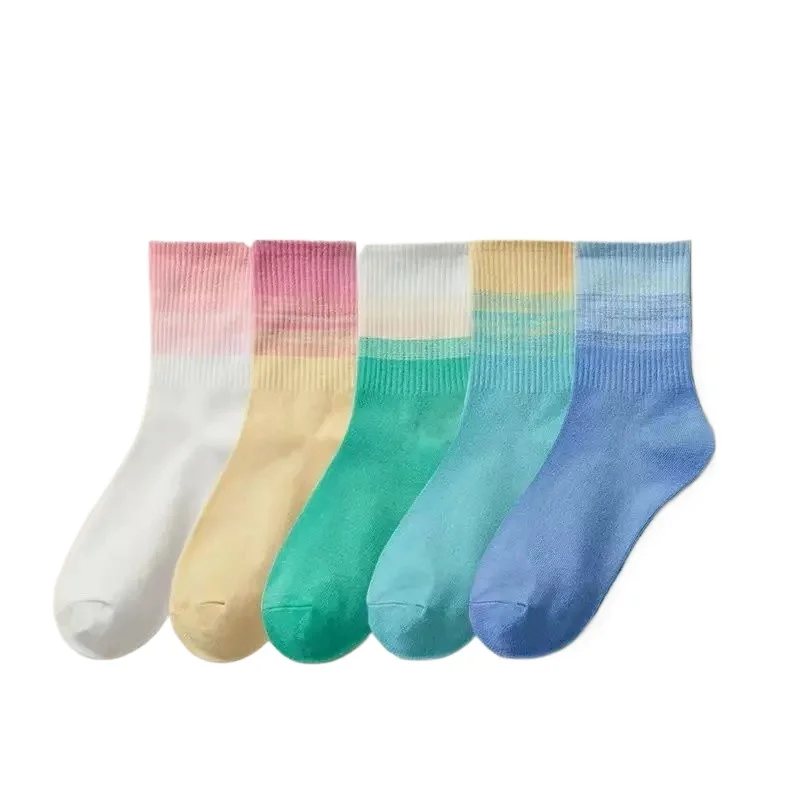 Women's Sport Socks Autumn Winter Gradual Color Mid-Calf Letter Pattern Absorb Sweat Versatile Trendy Korean Japanese Style Long