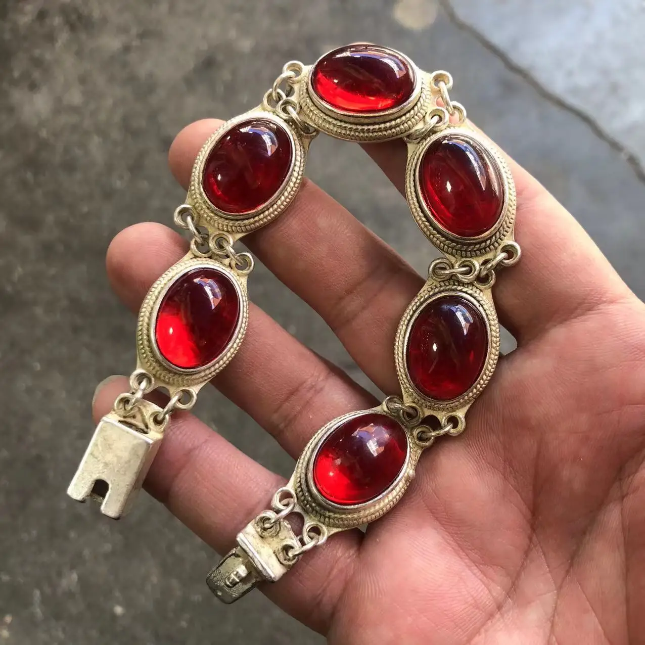Vintage Old Patina Inlaid Red Starlight Stone Bracelet Tibetan Silver