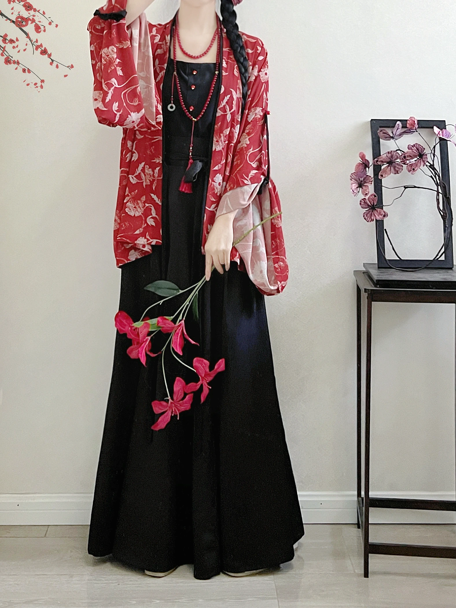 

Red Printed Hanfu Set Women's Spring Summer Large Sve Straight Collar Ele Pleated Skirt Eight Breaks Ensemble