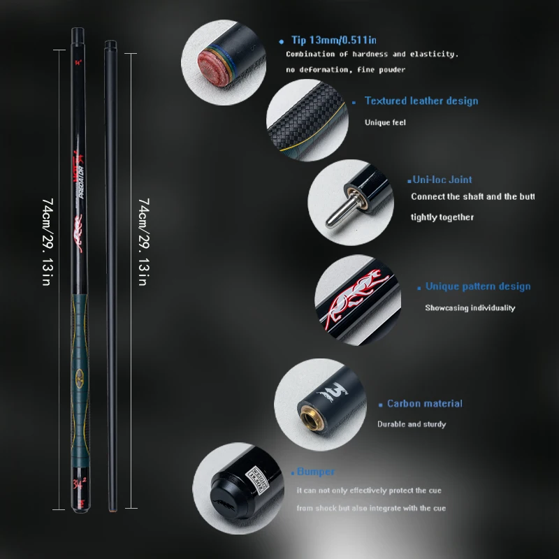 탄소 당구 큐 스틱, 13mm 팁 가죽 그립, 미끄럼 방지 디자인, 나인 볼 캐롬 당구 내구성 및 견고한 풀 큐