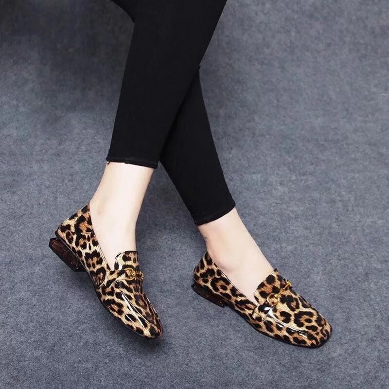 FHANCHU 2023 New Women Low Heels,Fashion Office Work Leopard Shoes,Slip On Loafers,Pointed Toe,British Style,Dropship