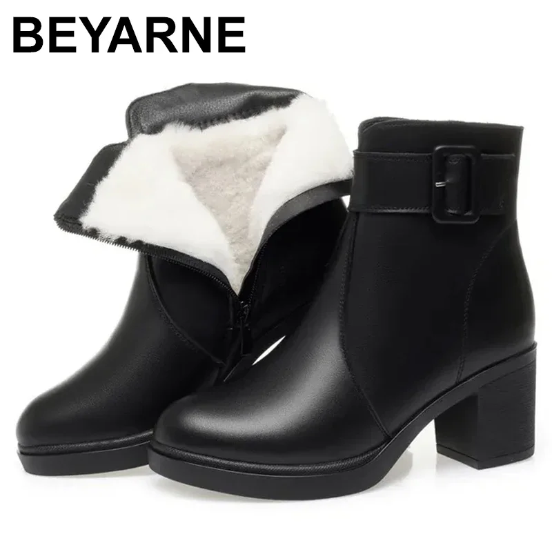 Women Winter Boots Genuine Leather New Warm Wool Women Marton Boots Round Toe High Heel Large Size Women Ankle boots