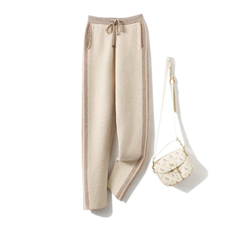 Autumn Winter Woman's Pants Fashion Elastic Mid-Waist Patchwrok Full Length Pant Pencil Pants 100%  Knit Long Trouser