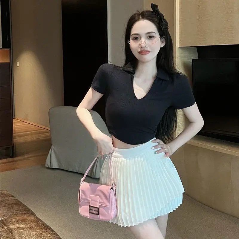 Y2k 브이넥 슬림핏 폴로 셔츠 여성 여름 맞춤형 탑 레트로 반팔 티셔츠 스트리트웨어 카와이 하라주쿠 크롭 탑 여성