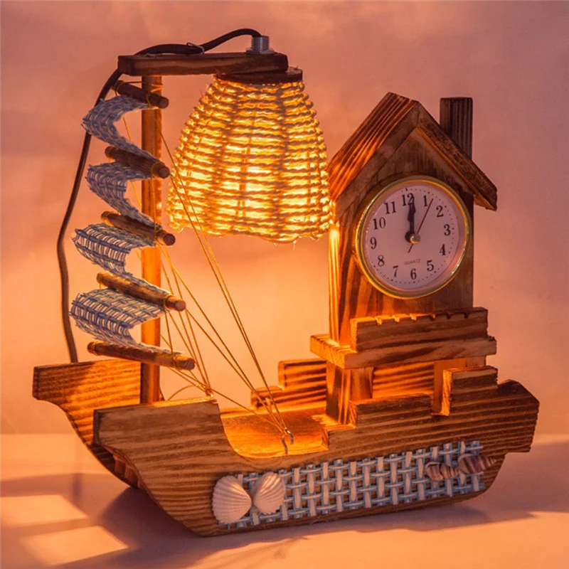 ساعة مصباح خشبية للمراكب الشراعية مع ساعة مع أوتار إضاءة دافئة وساعة إلكترونية متعددة الوظائف متينة وسهلة الاستخدام باللون الأزرق