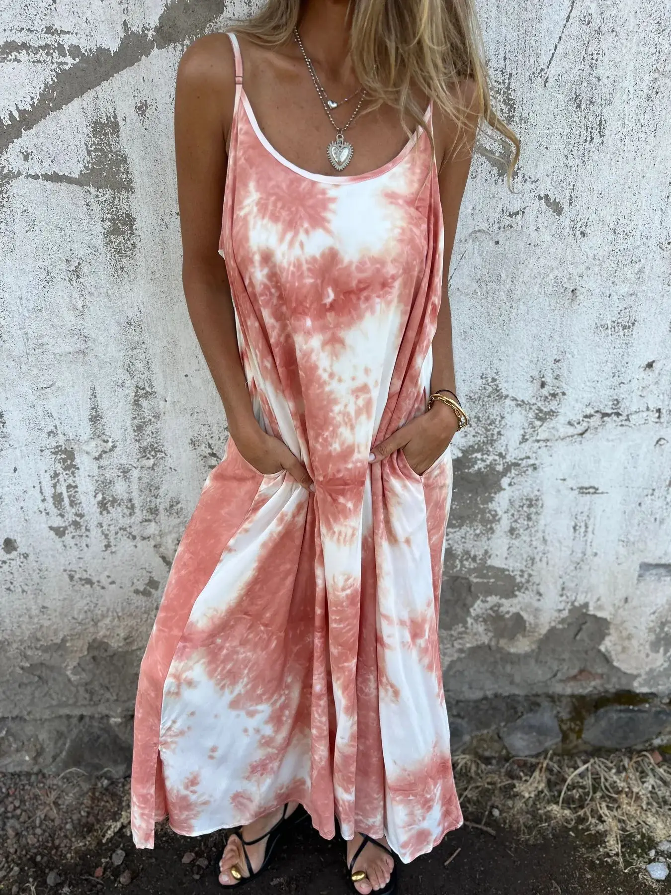 

Summer Women's Beach Dress Tie-dyed Gradient Color Loose Pocket Fashion Pullover Vacation Seaside Suspender Skirt
