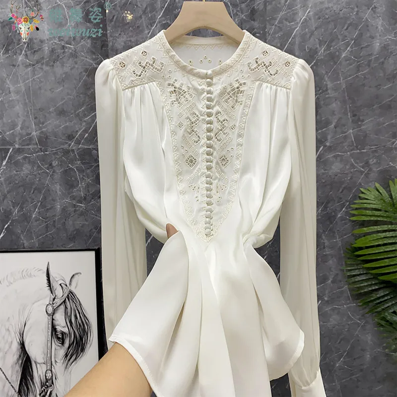 

Women's Elegant Chiffon Shirt Solid Retro Beaded Button Loose Blouse Hollow Out Lace Embroidery Romantic Shirt Lady's Causal Top
