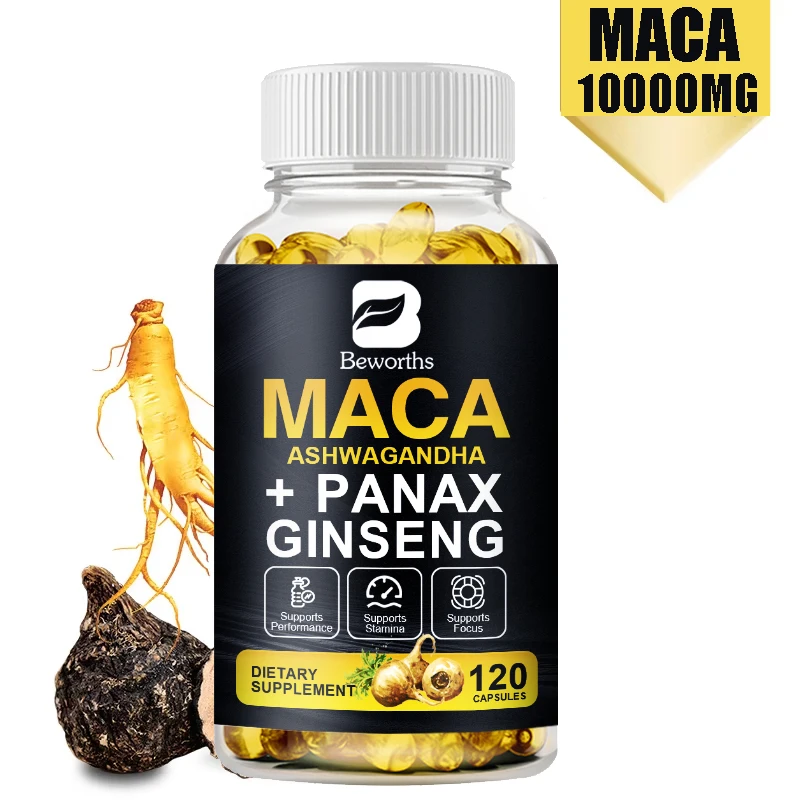 BEWORTHS 10000mg Suplemento de Maca - con Ginseng y Ashwagandha 600mg - Masa Muscular, Resistencia y Vitalidad Salud de Hombres