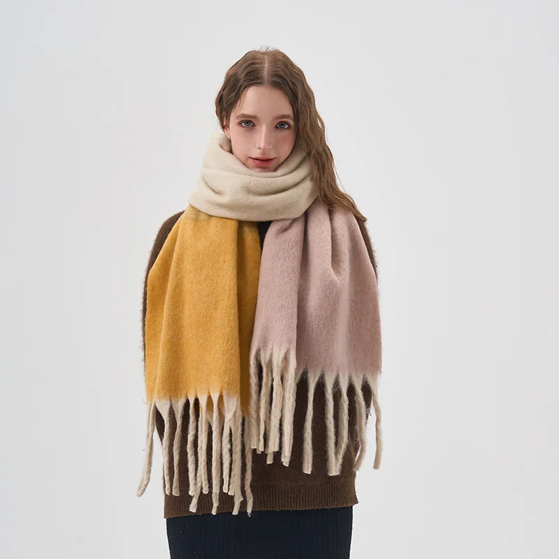 2023 Autumn/Winter New Gradient Color Block Women's Neck Stripe Tassel Shawl Imitation Cashmere Overlay Soft Windproof Scarf