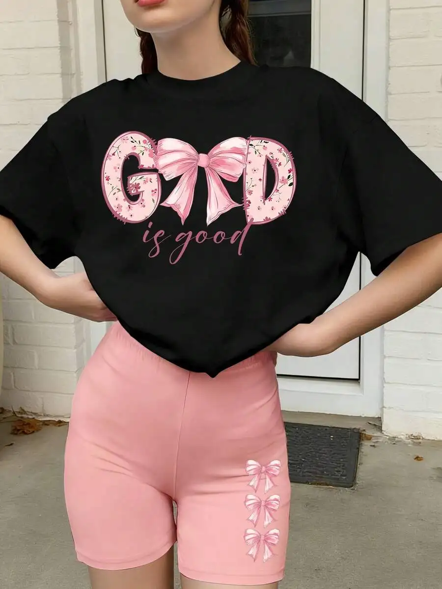 

2pcs Womens Bow Letter T-Shirt And Shorts Set Soft Comfortable Summer Casual Outfit