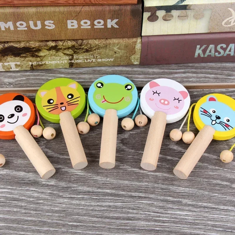 Baby Cartoon Wooden Rattle Music Toys Kid Wooden Rattle Drum Musical Instrument Percussion Toys Child Education Tool Gifts