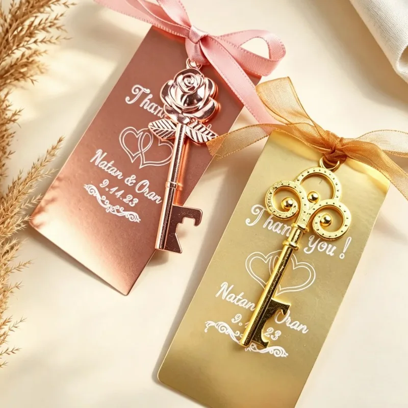 Ouvre-bouteille de bière en or rose, porte-clés de vin, carte personnalisée, cadeau de décoration souvenir, faveur de fête de mariage pour les invités, clé en métal