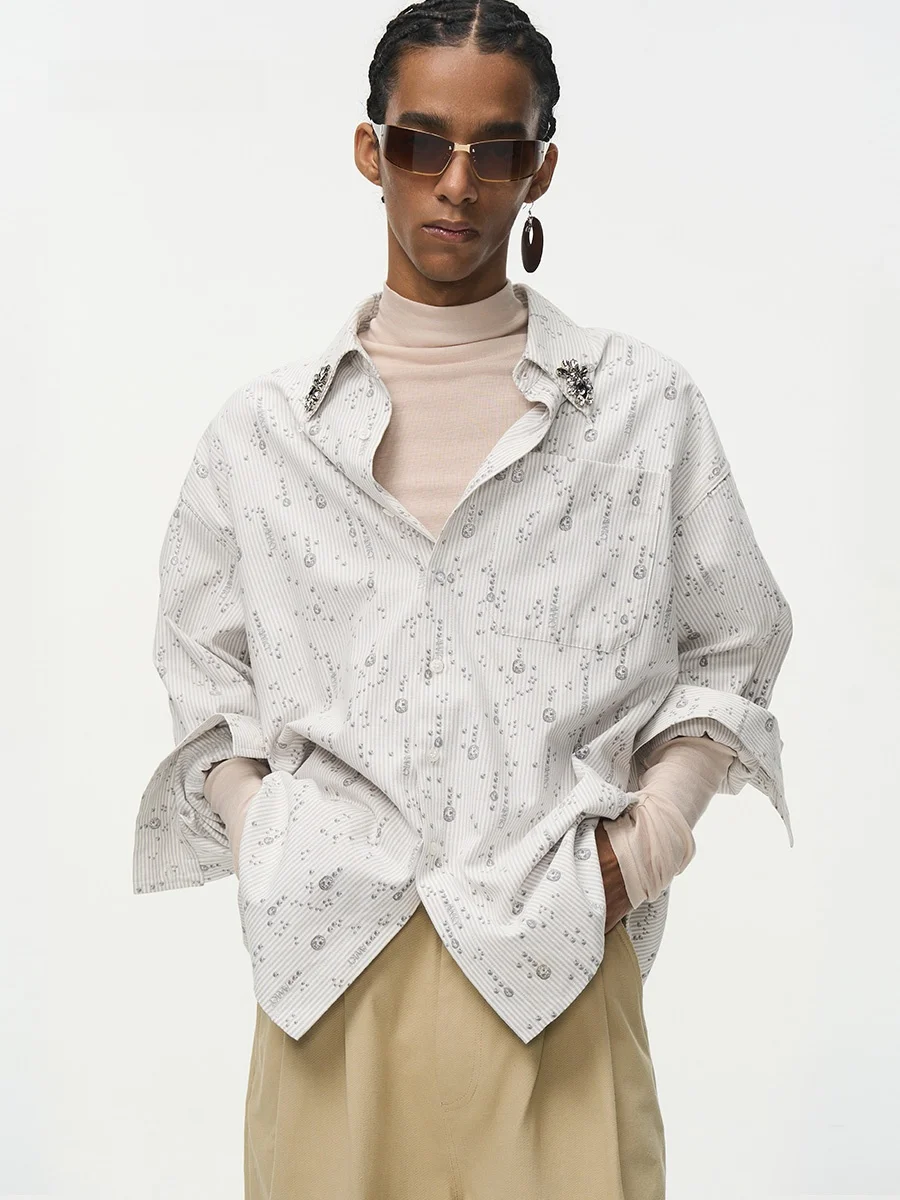 

AWOKEN TIME Italian Style Loose Fit Diamond Embedded Long Sleeve Shirt Spring Collection Comfortable Breathable Cotton Blend