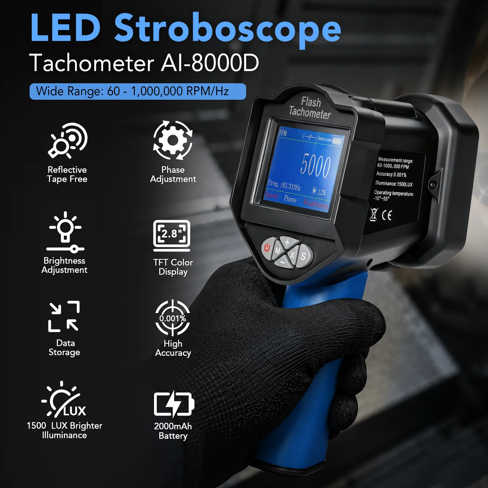 Digital Strobe Tachometer Non-Contact Speed Tester LED Stroboscope 60-1,000,000 RPM 0.001% Accuracy TFT Display Rechargeab