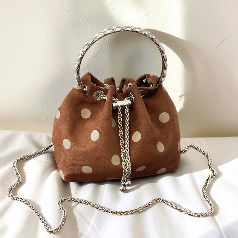 Round Diamonds Handle Bucket Bags for Women Handbags Fashion Dot Shoulder Crossbody Bag Faux Suede Drawstring Evening Bag NEW