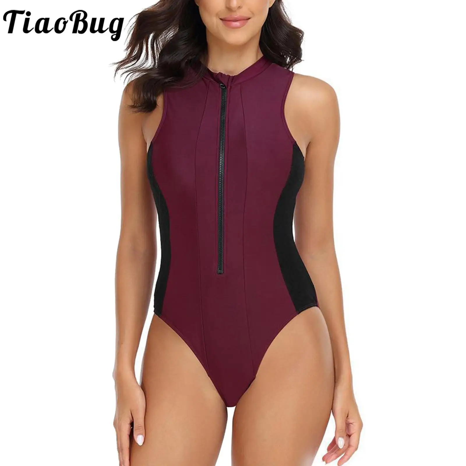 Summer Womens One-Piece Swimsuit Swimwear Color Block Zipper Leotard Sports Bodysuit for Waterpark Swimming Surfing Snorkeling