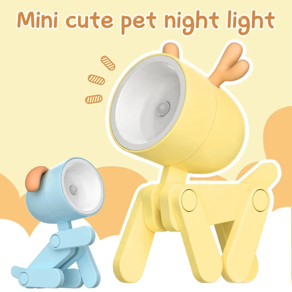 2 in 1 Universival Cute Folding Phone Holder With 6 Battery Lazy Stand with Cute Pet LED Table Lamp Cartoon Dog Deer Night Light