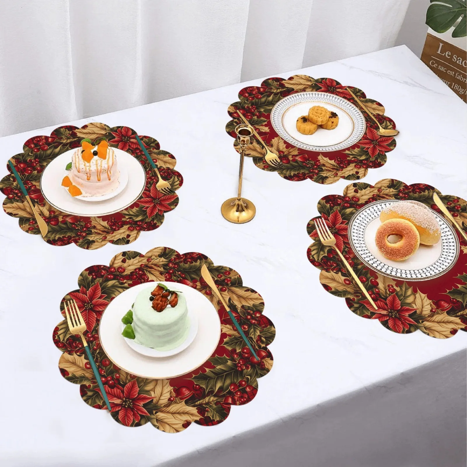 VIKAMA 4-Piece Christmas Red Berry Lace Placemats Christmas Family Gathering Christmas Party Table Decorations and Accessories