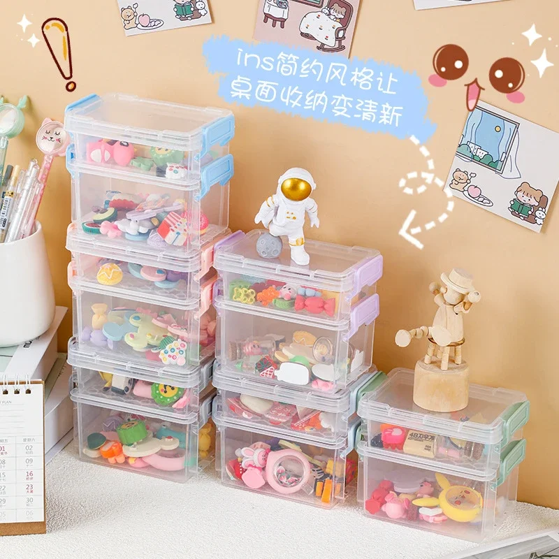 2/3 layers Cartoon Mini Transparent Magic Buckle Storage Box Office Desktop Sundries Stackable Storage Box Jewelry Organizer