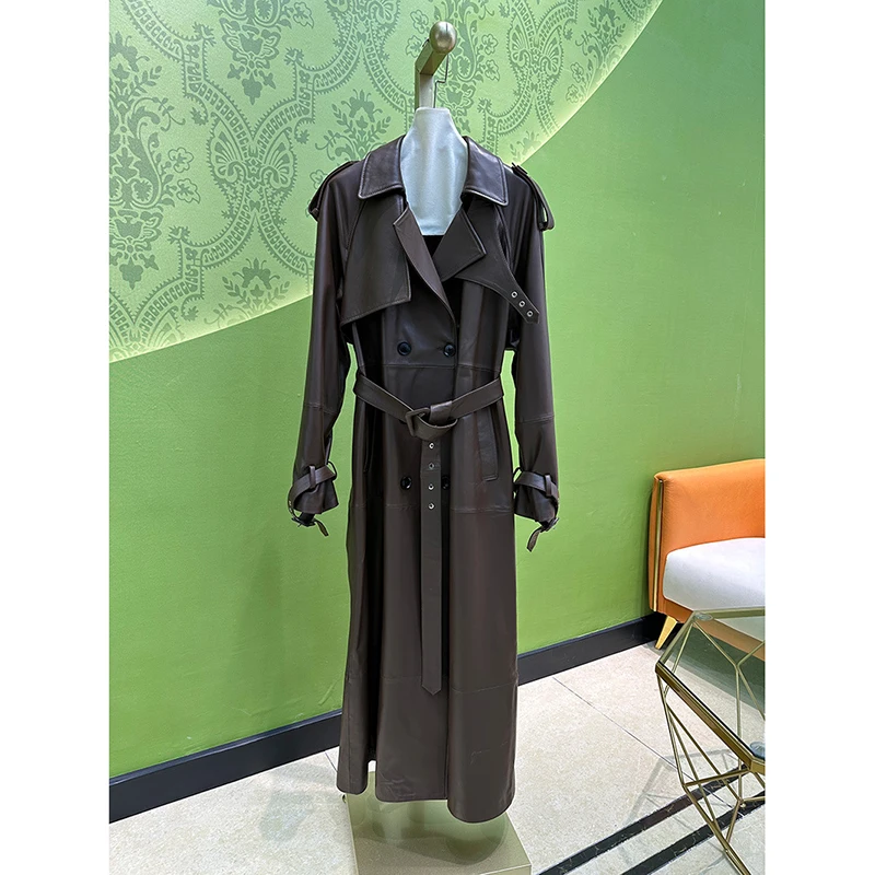 Damen-Jacke aus echtem Leder, Herbst-Winter, importiertes Lammfell, breiter Schultergürtel, schmal, Burgunderrot, langer Leder-Trenchcoat, weich