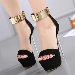 Women's Sandals Platform Summer Party Pumps Flock 16CM Thin Heels Summer ZIP Metal Decoration High-heeled Shoes Wedding